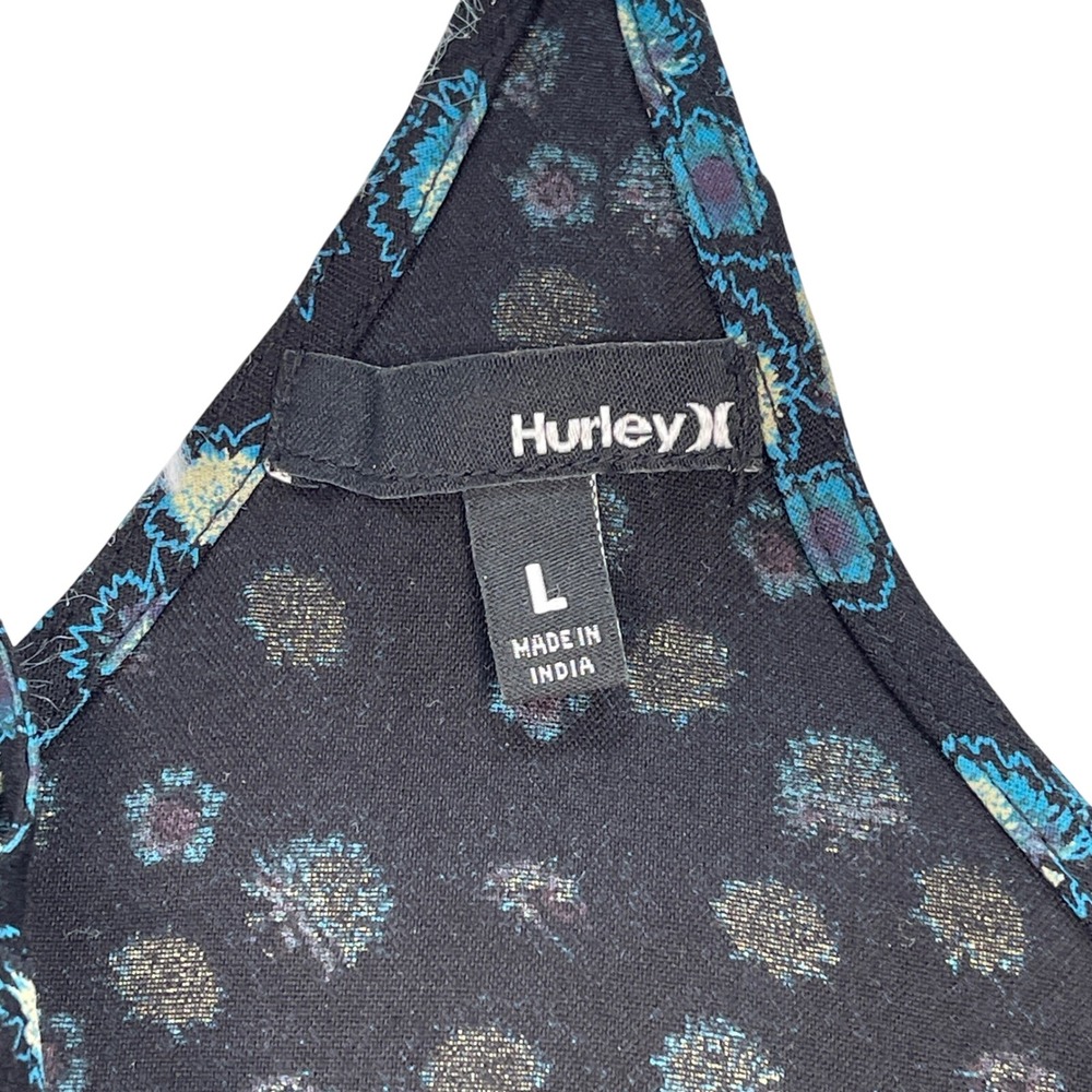 Hurley Babydoll Dress Large Black Floral Strappy Boho Raw Hem D1950 - Picture 4 of 8